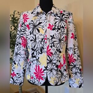 OSCAR DE LA RENTA Full Zip Floral Blazer Jacket Cotton Size 6